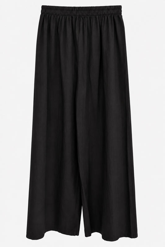 Pantalon fluide large noir à taille élastique et lien de serrage