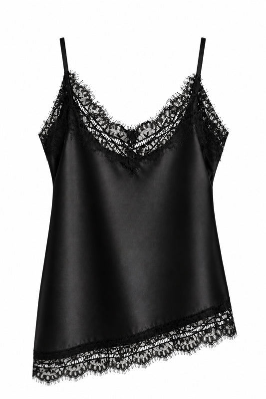 Top satiné noir à finitions dentelle façon cache-cœur