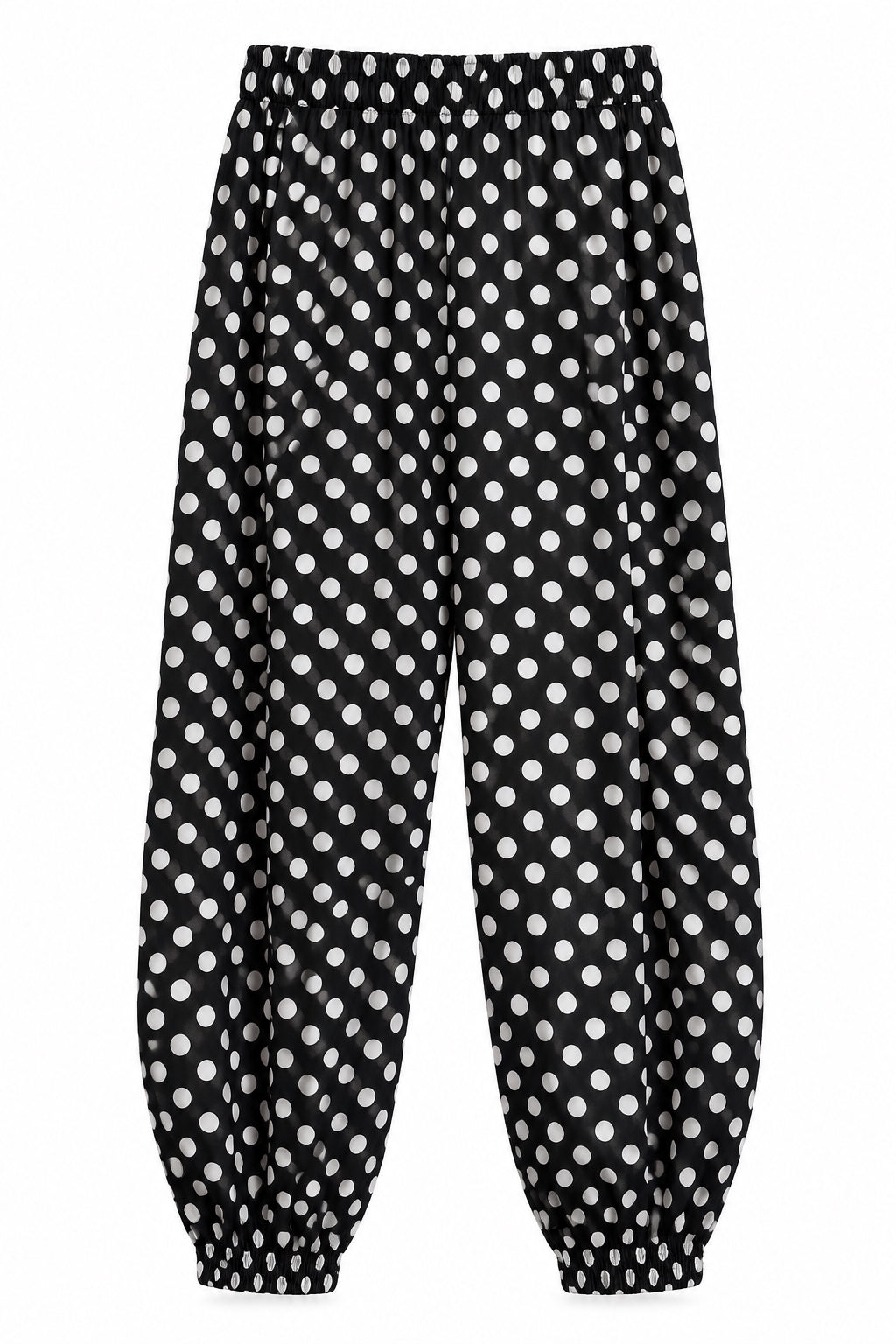 Pantalon ballon noir à pois blancs à taille et chevilles élastiquées