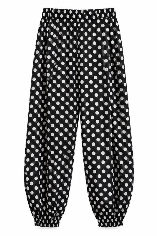 Pantalon ballon noir à pois blancs à taille et chevilles élastiquées