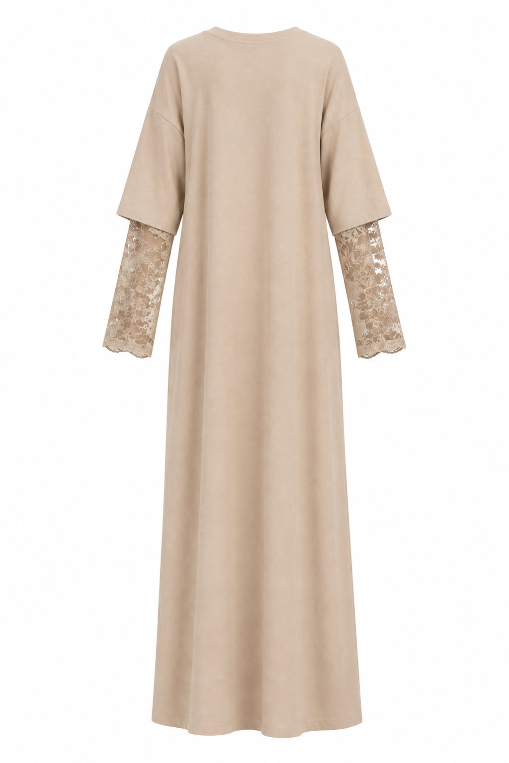 Robe t-shirt longue beige effet superposition avec manches en dentelle