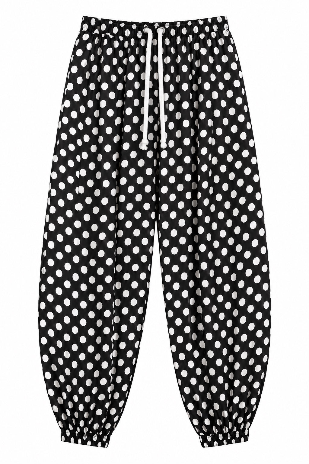 Pantalon ballon noir à pois blancs à taille et chevilles élastiquées