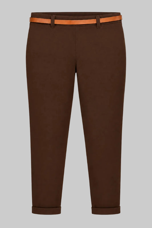 Pantalon marron chocolat avec ceinture fine camel