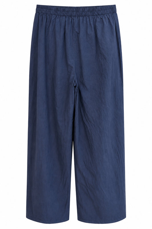 Pantalon fluide large bleu marine à taille élastique et lien de serrage