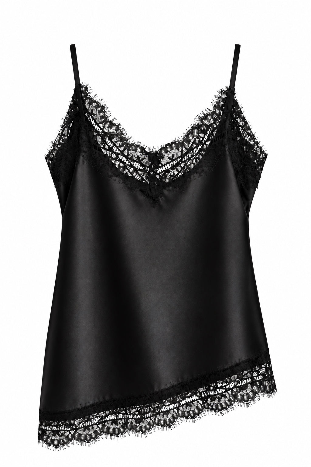 Top satiné noir à finitions dentelle façon cache-cœur
