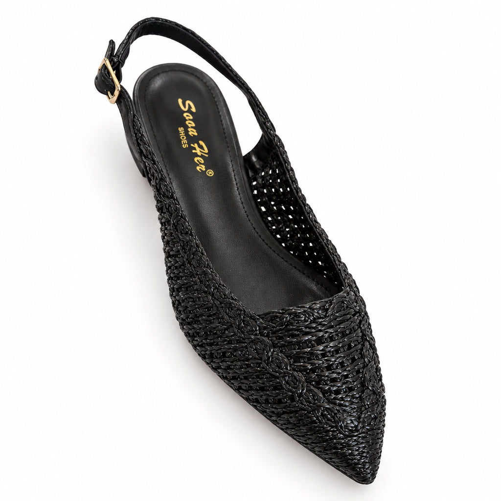 Slingbacks noires en raphia tressé à petit talon bloc