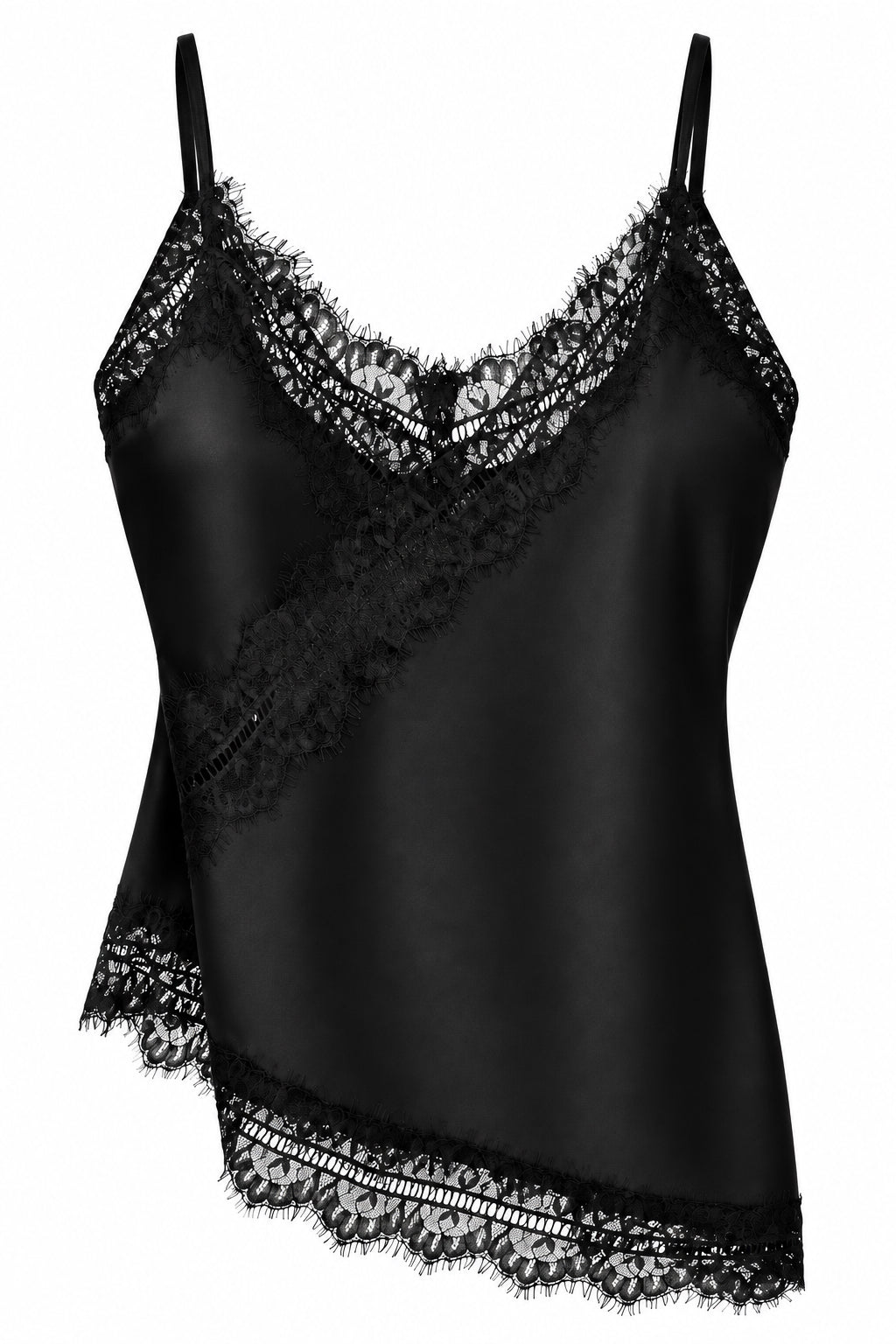 Top satiné noir à finitions dentelle façon cache-cœur