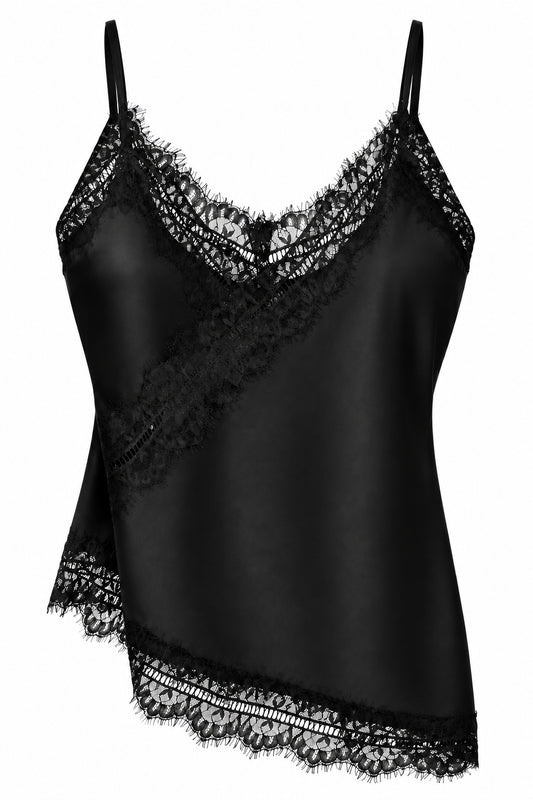 Top satiné noir à finitions dentelle façon cache-cœur