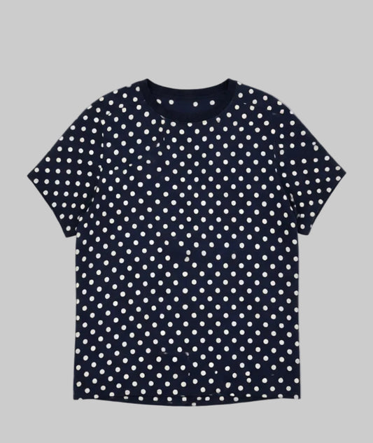 Haut fluide bleu marine à pois blancs