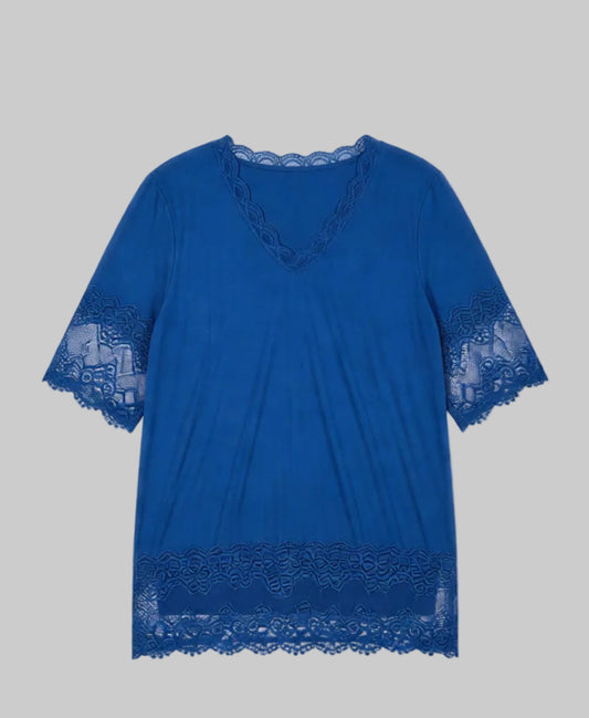 Tunique fluide bleu roi à détails dentelle et col V