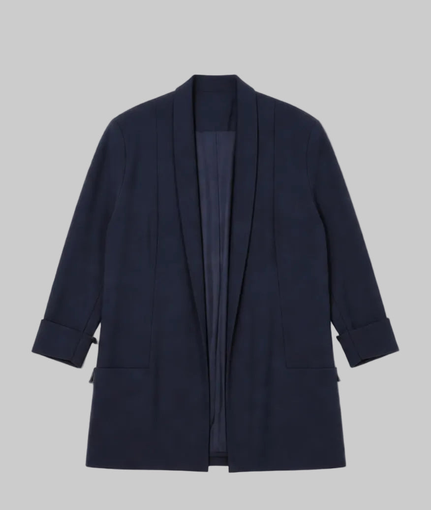 Veste blazer fluide bleu marine à col châle et revers de manches