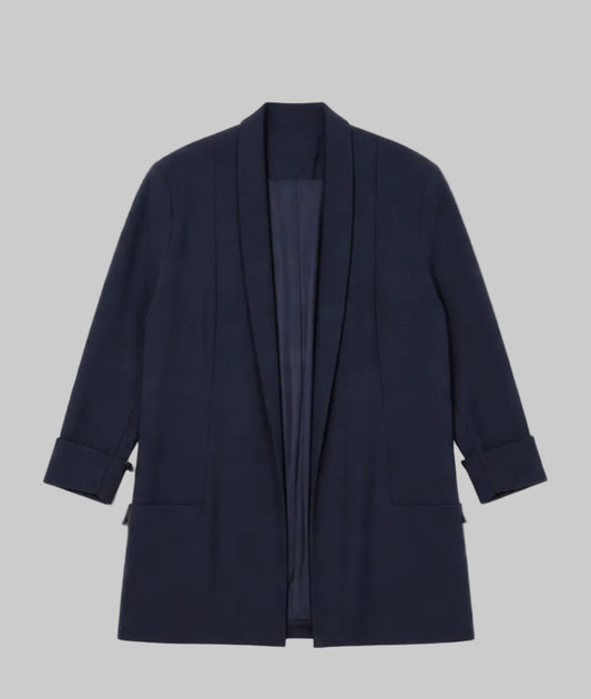 Veste blazer fluide bleu marine à col châle et revers de manches
