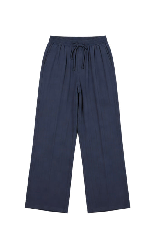 Pantalon fluide large bleu marine à taille élastique et lien de serrage