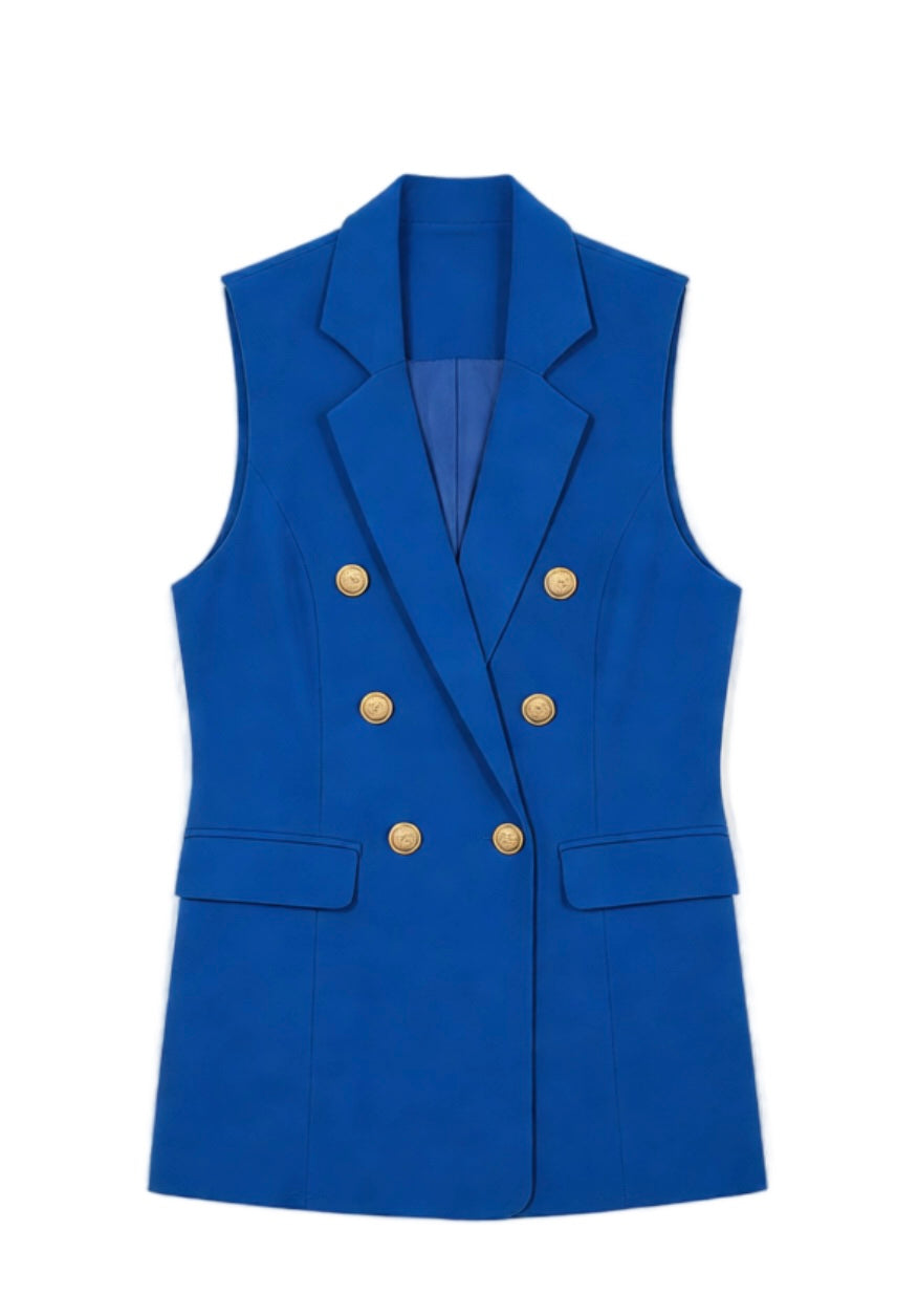 Veste tailleur sans manches bleu roi à double boutonnage doré