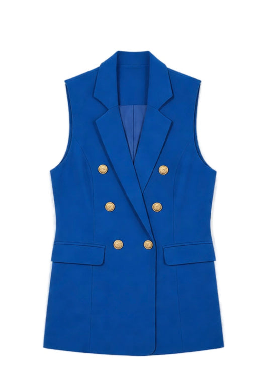 Veste tailleur sans manches bleu roi à double boutonnage doré