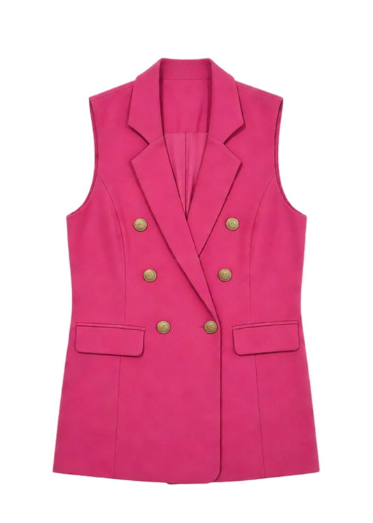 Veste tailleur sans manches rose avec boutonnage doré