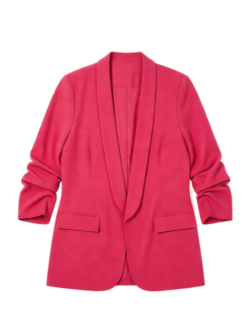 Veste blazer rose fuchsia à col châle et manches froncées